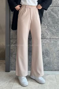 Lamelif  Beli Cırtcırt Kapama Detaylı Pantolon Bej