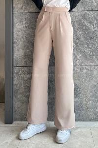 Lamelif  Beli Cırtcırt Kapama Detaylı Pantolon Bej