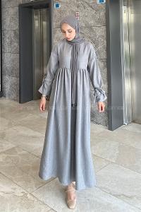 Lamelif Düşük Kol Bağlamalı Keten Tesettür Elbise Gri