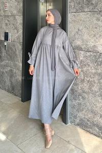 Lamelif Düşük Kol Bağlamalı Keten Tesettür Elbise Gri