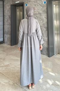 Lamelif Düşük Kol Bağlamalı Keten Tesettür Elbise Gri