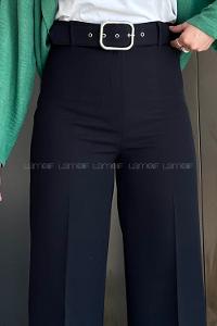 Lamelif Geniş Paça Kemerli Pantolon Siyah