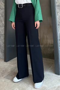 Lamelif Geniş Paça Kemerli Pantolon Siyah