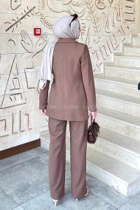 Lamelif Bağlama Detaylı Ceket Takım Kahverengi