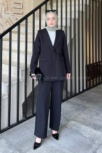 Lamelif Bağlama Detaylı Ceket Takım Siyah