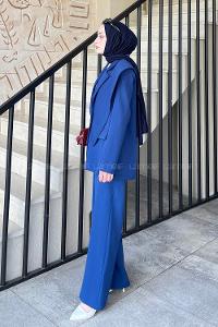 Lamelif Ön Parçalı Blazer Ceket Takım Saks Mavisi