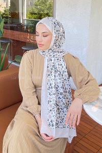 Lamelif Fleur Desen Soft Şal Bej-Siyah