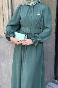 Lamelif Kemer Detaylı Kraş Elbise Haki