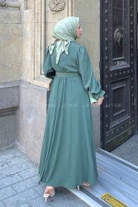 Lamelif Kemer Detaylı Kraş Elbise Haki