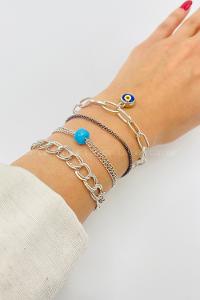 Lamelif Gümüş 4lü Kombin Nazar Detaylı Zincir Bileklik Seti