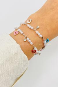 Lamelif Gümüş İnci Detaylı Renkli Kalpli Zarif Bileklik