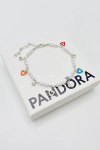 Lamelif Gümüş İnci Detaylı Renkli Kalpli Zarif Bileklik