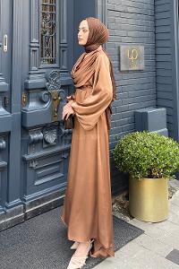 Camel Mandarin Collar Satin Fabric Dresess