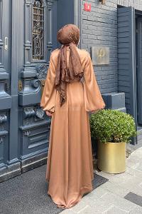 Camel Mandarin Collar Satin Fabric Dresess