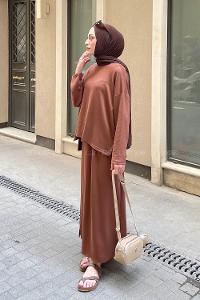 Lamelif Kristal Etekli Tesettür Takım Kahve