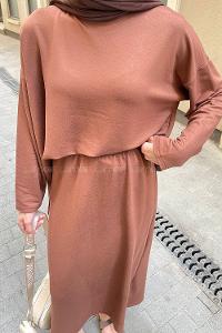 Lamelif Kristal Etekli Tesettür Takım Kahve