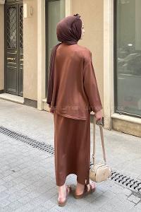 Lamelif Kristal Etekli Tesettür Takım Kahve