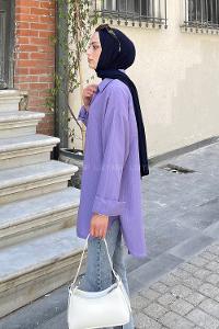 Lamelif Ovesize Gofre Gömlek Lila