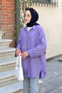 Lamelif Ovesize Gofre Gömlek Lila