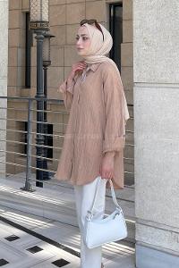 Lamelif Ovesize Gofre Gömlek Sütlü Kahve