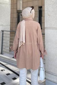 Lamelif Ovesize Gofre Gömlek Sütlü Kahve