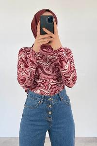 Lamelif Bisiklet Yaka Ebru Desenli Body Vişne