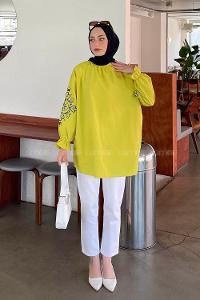 Oil Green Mandarin Collar Cotton Printed Tunic