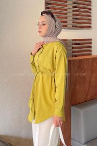 Lamelif Yaka Detaylı Terikoton Gömlek Yağ Yeşili