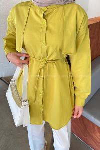 Lamelif Yaka Detaylı Terikoton Gömlek Yağ Yeşili