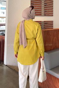 Lamelif Yaka Detaylı Terikoton Gömlek Yağ Yeşili