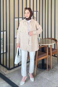 Lamelif Kapaklı İki Cepli Tahta Düğmeli Gömlek Vizonrengi