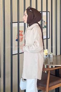 Lamelif Kapaklı İki Cepli Tahta Düğmeli Gömlek Vizonrengi