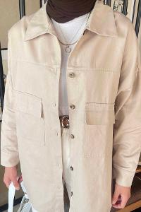 Lamelif Kapaklı İki Cepli Tahta Düğmeli Gömlek Vizonrengi