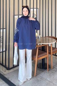 Navy Blue Mandarin Collar Cotton Printed Tunic