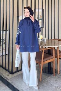 Navy Blue Mandarin Collar Cotton Printed Tunic