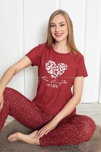Lamelif Uzun Eşofman Kalp Baskılı  Pijama Takımı Kadın Vişne