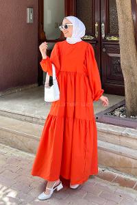 Lamelif Balon Kol Katlı Tesettür Elbise Turuncu