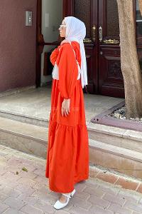 Lamelif Balon Kol Katlı Tesettür Elbise Turuncu