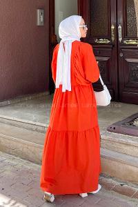 Lamelif Balon Kol Katlı Tesettür Elbise Turuncu