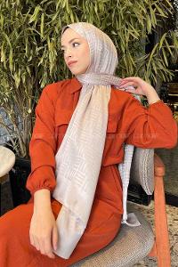 Lamelif Kibrit Desen Jakar Şal Açık Vizon