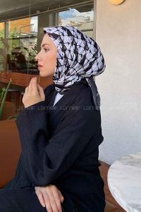 Lamelif Ebru Desen Soft Pamuk Eşarp Beyaz-Siyah