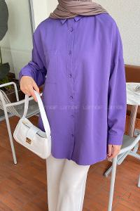 Lamelif Tek Cep Detaylı Oversize Gömlek Mor