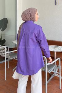 Lamelif Tek Cep Detaylı Oversize Gömlek Mor