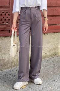 Lamelif Çift Pensli Bol Paça Pantolon Füme