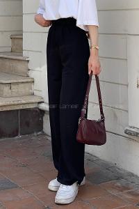 Lamelif Çift Pensli Bol Paça Pantolon Siyah