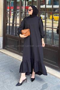 Lamelif Omuz Fırfır Detaylı Tesettür Elbise Siyah