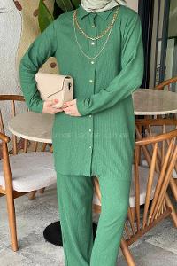 Lamelif Kolyeli Bürümcük Tesettür Takım Yeşil