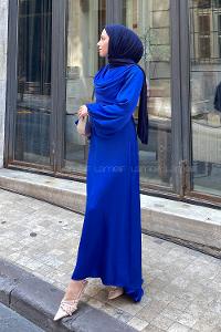 Lamelif Ön Drapeli Saten Tesettür Elbise Saks Mavisi