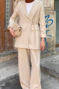 Lamelif Bağlama Detaylı Ceket Takım Taş Rengi