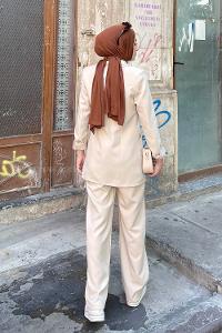 Lamelif Bağlama Detaylı Ceket Takım Taş Rengi